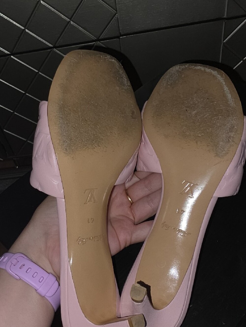 Louis Vuitton Blush Pink Monogram Embossed Slide Heels - Picture 5 of 7